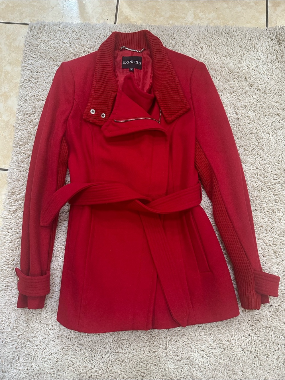 Express Red Belted Pea Coat with Ribbed Collar